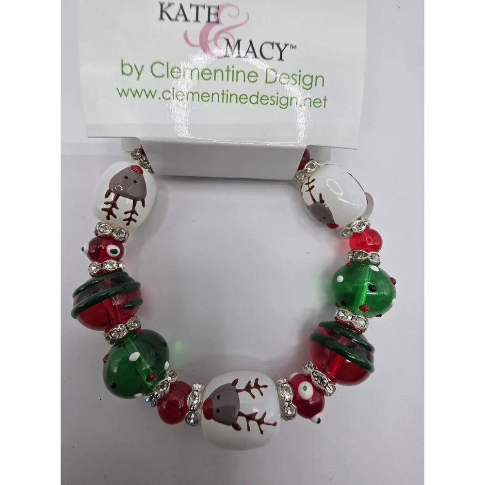 Kate & Macy Bracelet Glass Beads Christmas-Themed Hand Painted Stretch NEW‎